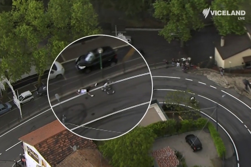 Igor Arrieta slips off the road in a cycling race