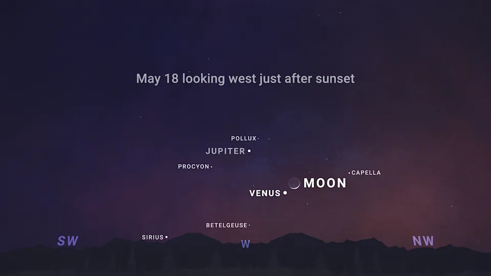 This graphic can help skygazers spot the moon and Venus in the night sky together Monday, May 18 during a celestial event known as a conjunction.