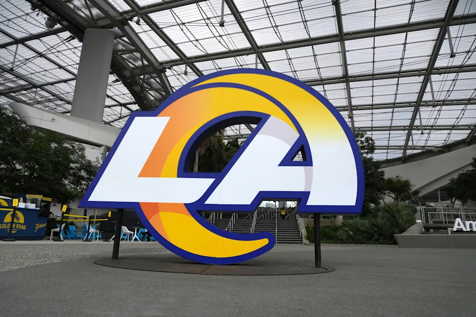 Aug 16, 2025; Inglewood, California, USA; The Los Angeles Rams logo at SoFi Stadium. Mandatory Credit: Kirby Lee-Imagn Images