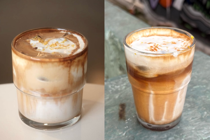 Composite of two coffee beverages.