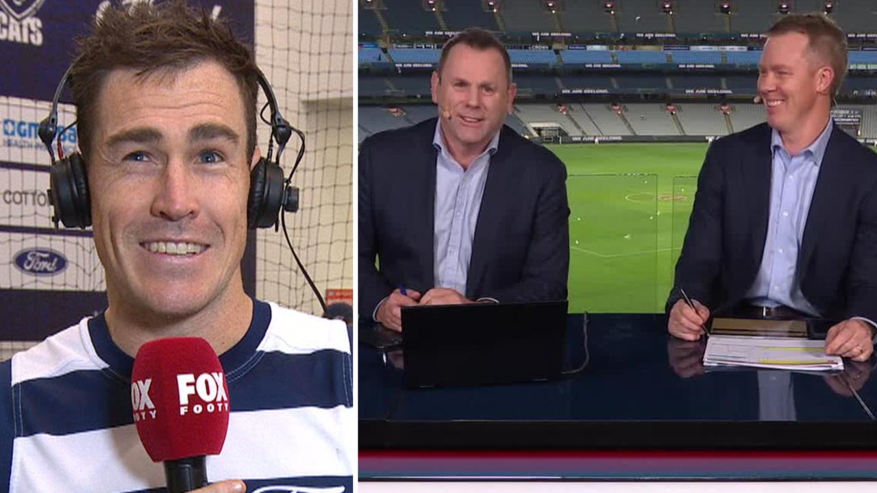 Jeremy Cameron hilarious post-game interview with Fox Footy, Geelong Cats vs Collingwood Magpies Round 9, Tom Stewart game 200, delayed celebrations, reaction, latest news