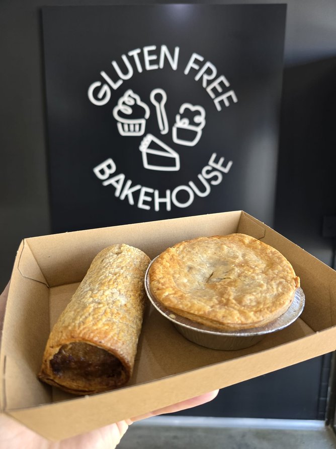 Gluten free sausage roll and pie from Mister Nosh bakery.