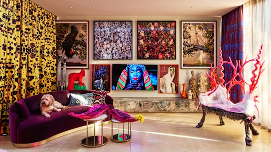 Lurid fluorocolours are highlighted in a resin chandelier and a three-seater lounge daubed The Throne, that was originally created for a Hermes exhibition.