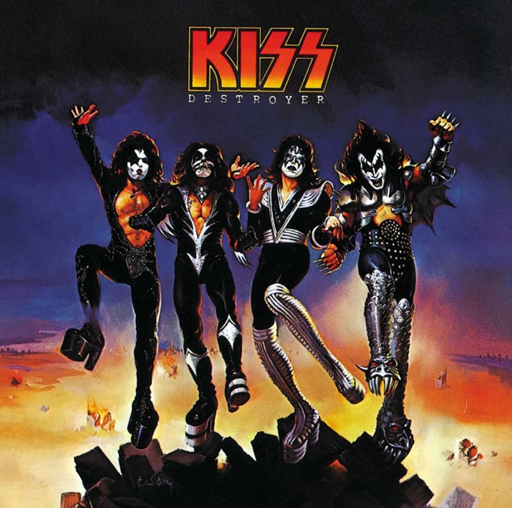 Album cover featuring drawing of four face-painted band members jumping over rubble