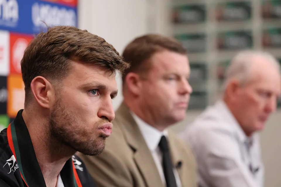 On the left is Rabbitohs veteran Jai Arrow.