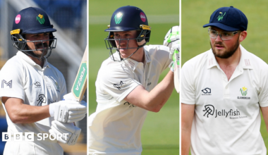 Kiran Carlson wearing a Glamorgan helmet holding a bat, Ben Kellaway batting in a Glamorgan helmet and Tom Norton wearing a Glamorgan cap.