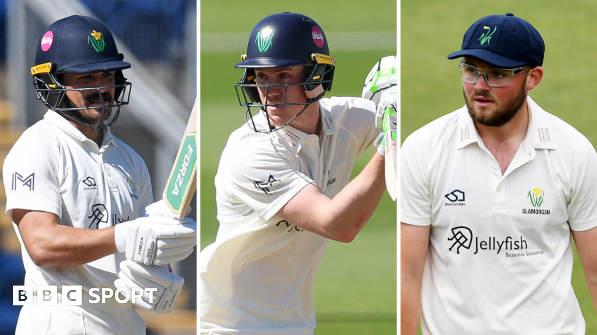 Kiran Carlson wearing a Glamorgan helmet holding a bat, Ben Kellaway batting in a Glamorgan helmet and Tom Norton wearing a Glamorgan cap.