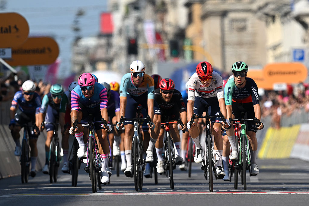 Groenewegen of Netherlands and Team Unibet Rose Rockets, Ethan Vernon of Great Britain and Team NSN Cycling, Paul Magnier of France and Team Soudal Quick-Step and Tobias Lund Andresen