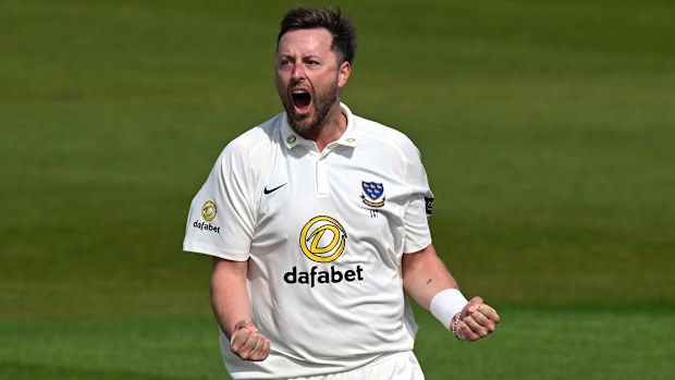 Ollie Robinson of Sussex celebrates after dismissing Beau Webster of Warwickshire during Day One of the Rothesay County Championship Division 1 match between Sussex and Warwickshire at County Ground on April 10, 2026 in Hove, England. (Photo by Mike Hewitt/Getty Images)