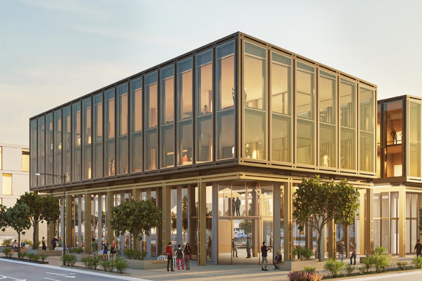 A computer generated image of a multi-storey glass building on the corner of two roads