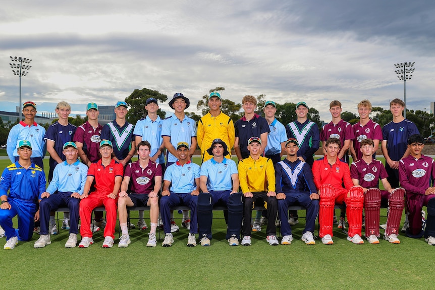 A team photo of a training squad of some of Australia's best young cricketers.