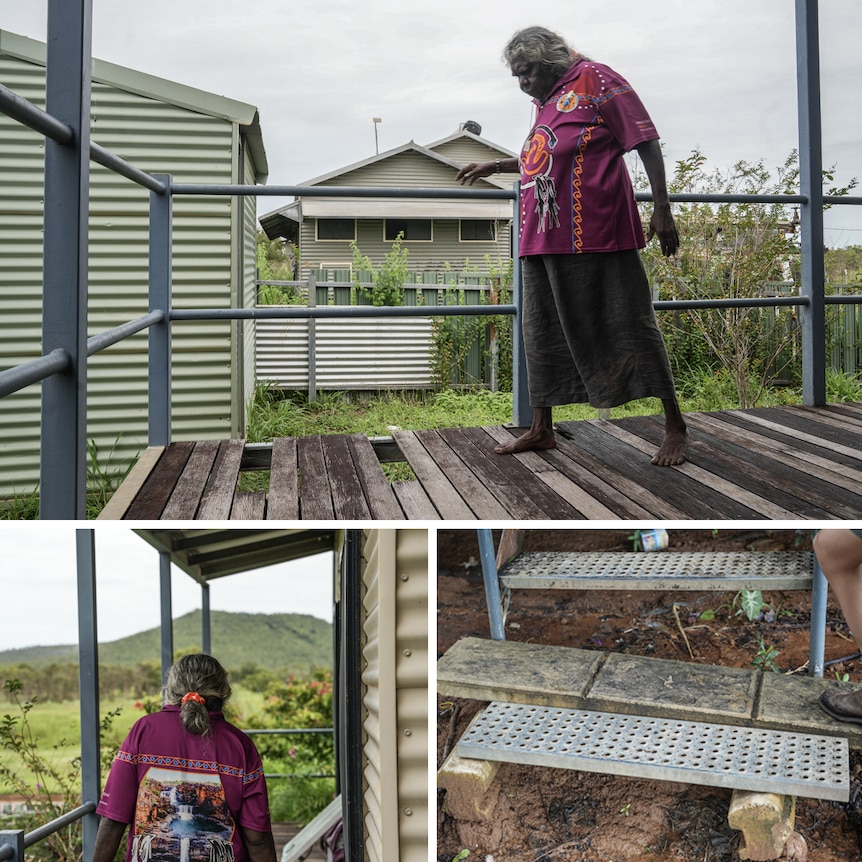a composite of broken floorboards and steps on a porch 