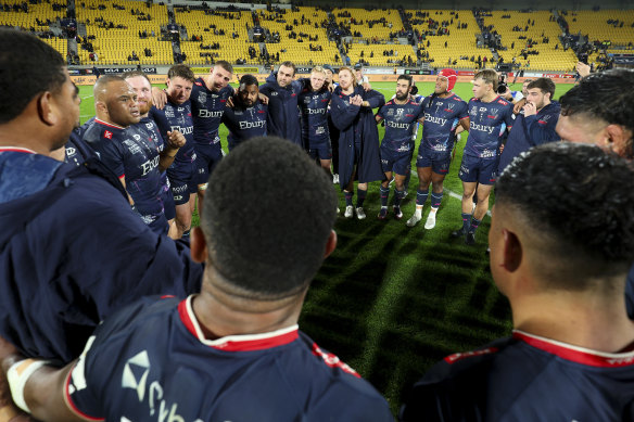 Melbourne Rebels players at the end of their final Super Rugby game in June 2024.