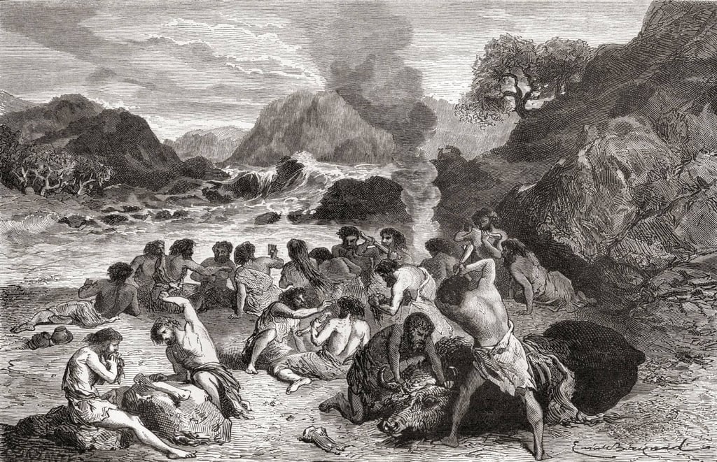 Neanderthals engaging in a feast during prehistoric times, as depicted in L’Homme Primitif, published in 1870. Photo: Universal History Archive/Universal Images Group via Getty Images