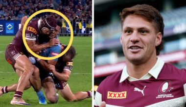 Kalyn Ponga has escaped a ban for his high shot on Tolu Koula that changed Origin 1. Image: Getty/Nine