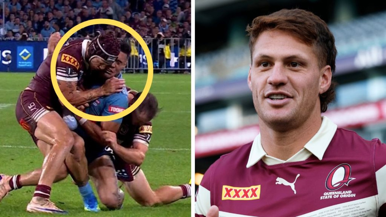 Kalyn Ponga has escaped a ban for his high shot on Tolu Koula that changed Origin 1. Image: Getty/Nine