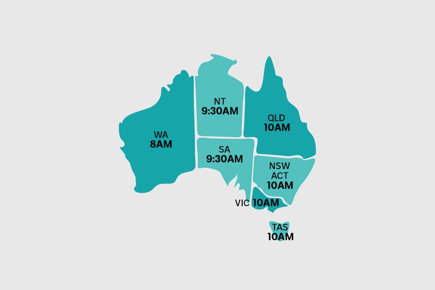 A map of Australia with a different countdown start time for each state. ACT/NSW/QLD/TAS/VIC 10am, NT/SA 9:30am, WA 8am