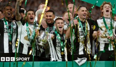 Newcastle United players celebrate after defeating Liverpool in the 2025 League Cup final at Wembley