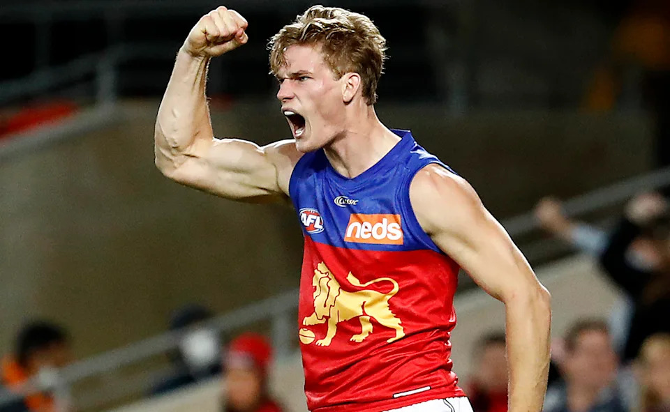 Sam Skinner, pictured here after kicking a goal for the Lions in 2020.