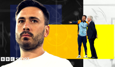 Stylised image of Davide Ancelotti in front of a colourful background with a tactics board overlay. On the right of the image is an overlay of Davide with his father Carlo Ancelotti from a match when the pair were manager and assistant manager of Real Madrid.