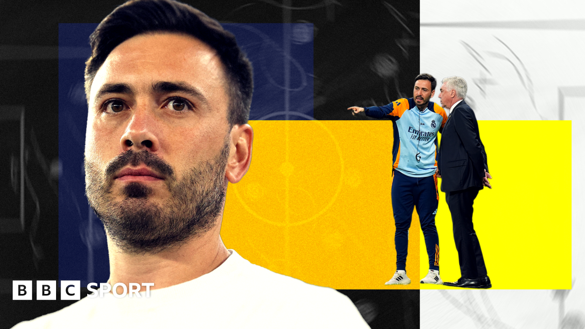 Stylised image of Davide Ancelotti in front of a colourful background with a tactics board overlay. On the right of the image is an overlay of Davide with his father Carlo Ancelotti from a match when the pair were manager and assistant manager of Real Madrid.