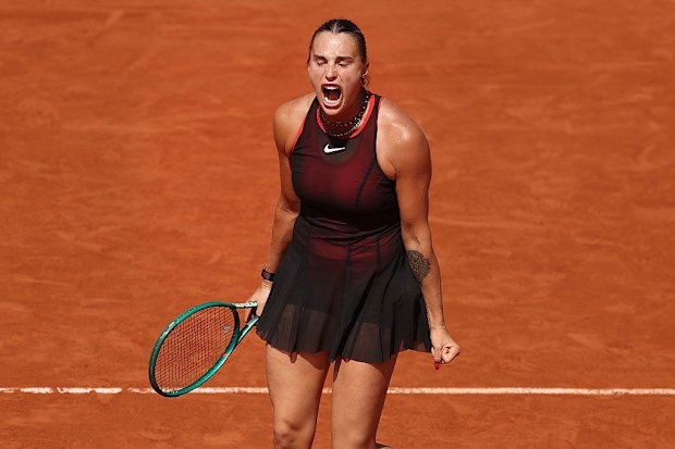 Aryna Sabalenka reacts on her way to victory over Daria Kasatkina of Australia.