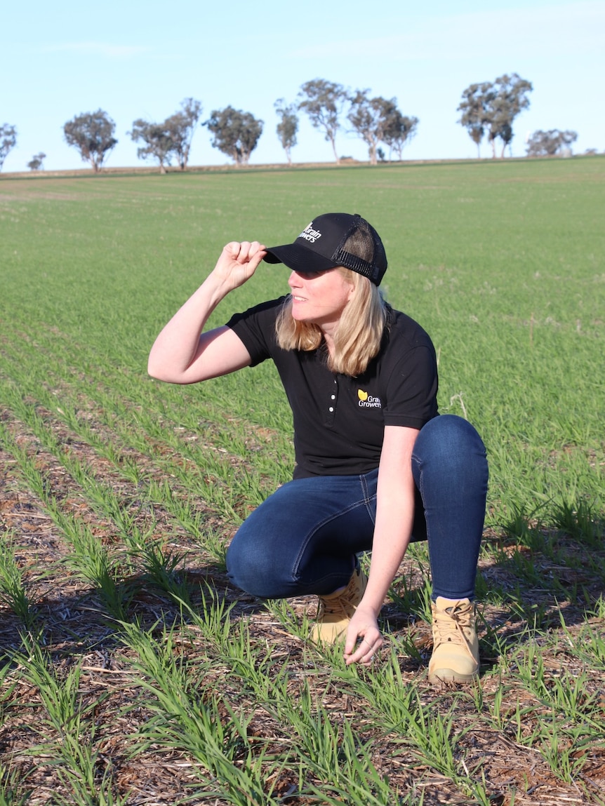 woman in a farm paddock, crouching and holding her cap with one hand, looking to the left.