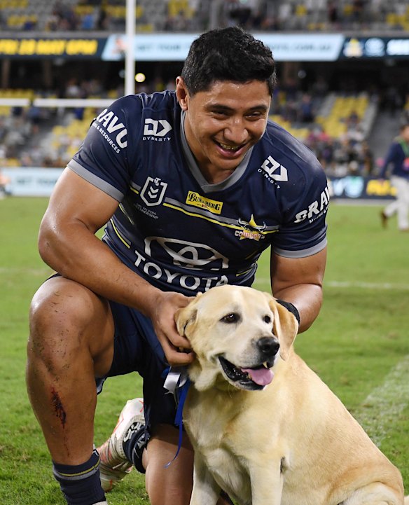Jason Taumalolo of the Cowboys poses with his dog ‘Ollie’