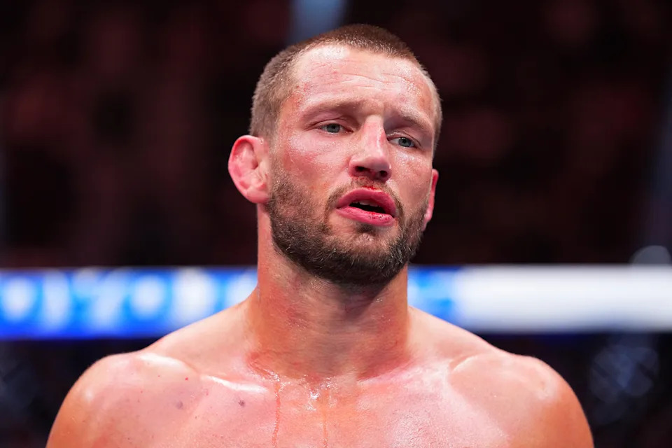 LAS VEGAS, NEVADA - MARCH 07: Reinier de Ridder of The Netherlands reacts to the end of the match in a middleweight fight during the UFC 326 event at T-Mobile Arena on March 07, 2026 in Las Vegas, Nevada. (Photo by Jeff Bottari/Zuffa LLC)