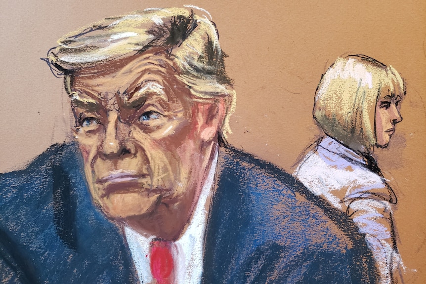 A court sketch showing a man in a suit and a woman sketched behind him.
