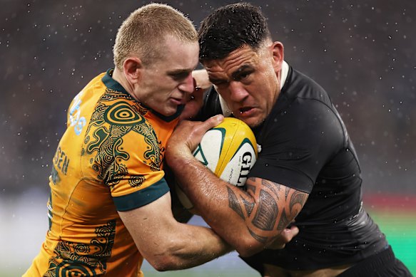 Max Jorgensen and Codie Taylor tussle for possession in last year’s Bledisloe Cup.