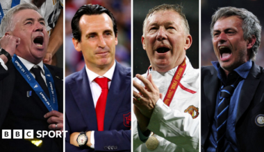 Graphic of Ancelotti, Zidane, Ferguson, Mourinho and Emery