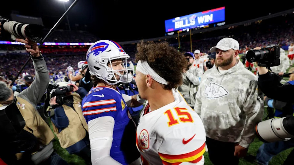 ORCHARD PARK, NEW YORK - NOVEMBER 17: Josh Allen #17 of the Buffalo Bills greets Patrick Mahomes #15 of the Kansas City Chiefs after defeating the Kansas City Chiefs 30-21 at Highmark Stadium on November 17, 2024 in Orchard Park, New York. (Photo by Bryan M. Bennett/Getty Images)Bryan M. Bennett/Getty Images