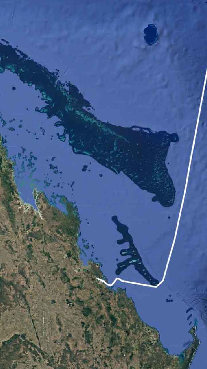 An aerial view of LNG cargo shipping routes from Australia to Asia.