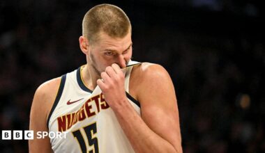 Nikola Jokic looks disappointed during Denver Nuggets' defeat by Minnesota Timberwolves