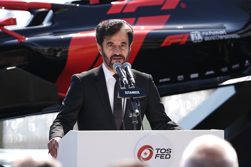 Mohammed ben Sulayem speaks at a podium