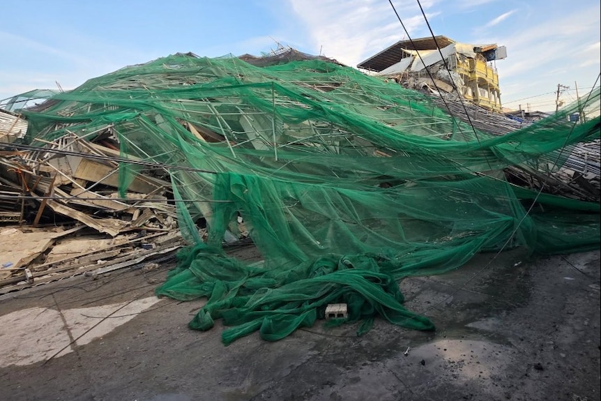 Concrete rubble of a building after it collapsed.
