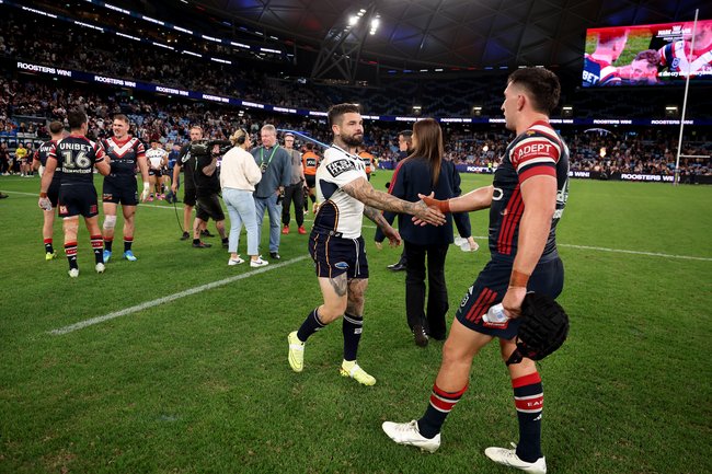 SYDNEY, AUSTRALIA - MAY 02:  Adam Reynolds of the Broncos shakes hands with Victor Radley of the Roosters after the round nine NRL match between Sydney Roosters and Brisbane Broncos at Allianz Stadium, on May 02, 2026, in Sydney, Australia. (Photo by Matt King/Getty Images)