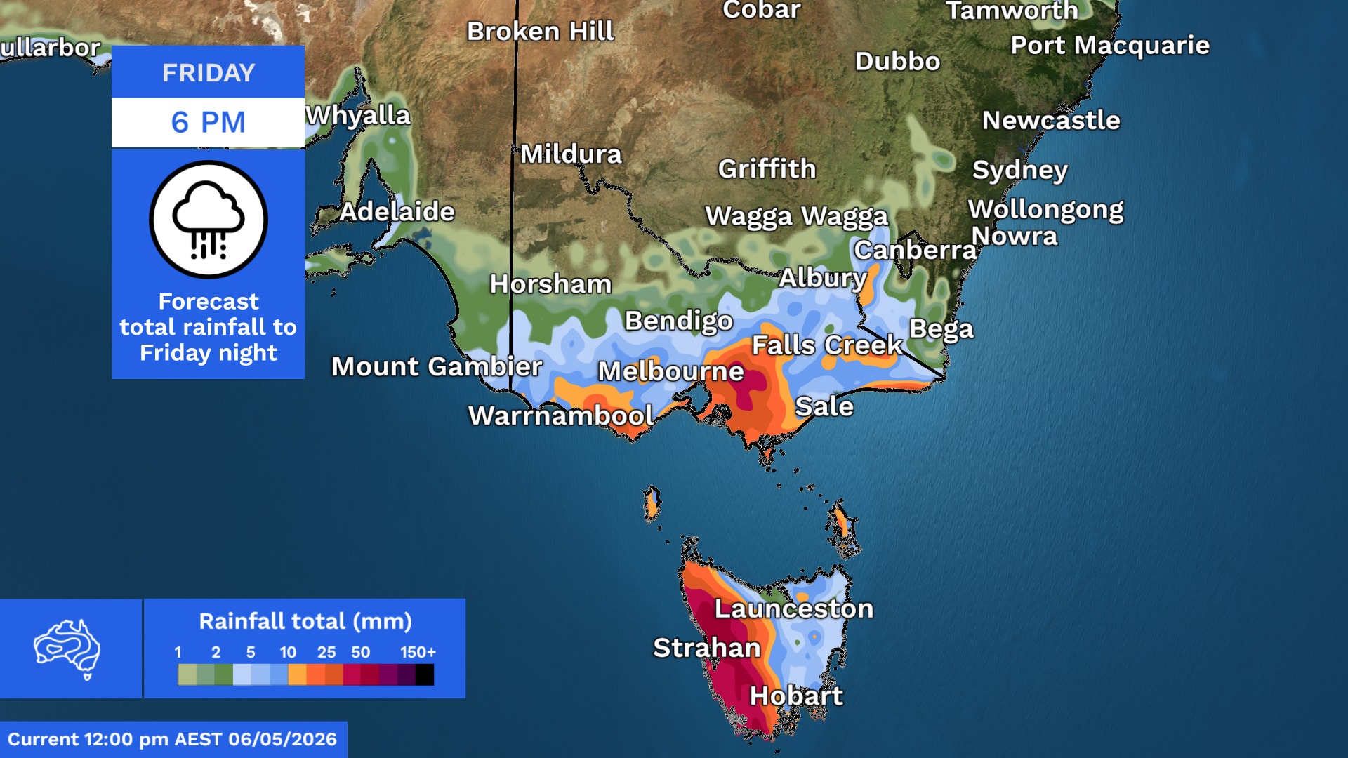 Rain and showers are forecast for far southern parts of Victoria and Tasmania on Thursday