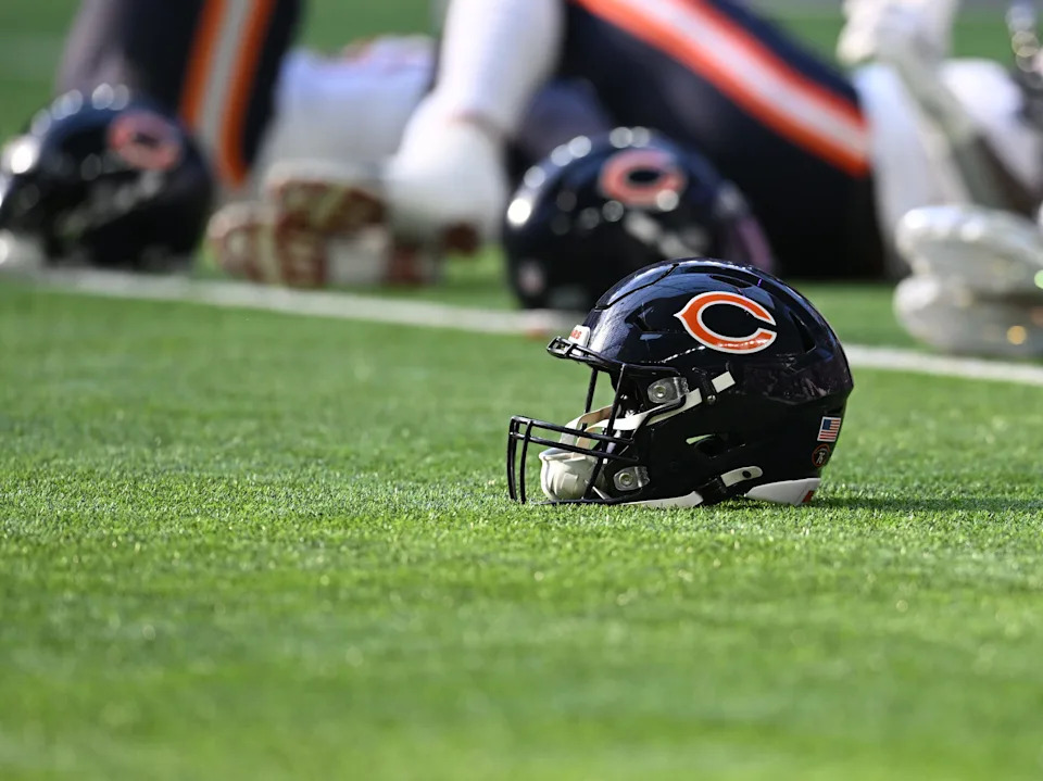 Nov 16, 2025; Minneapolis, Minnesota, USA; A Chicago Bears helmet sits on the field prior to a game against the Minnesota Vikings at U.S. Bank Stadium. Mandatory Credit: Jeffrey Becker-Imagn Images