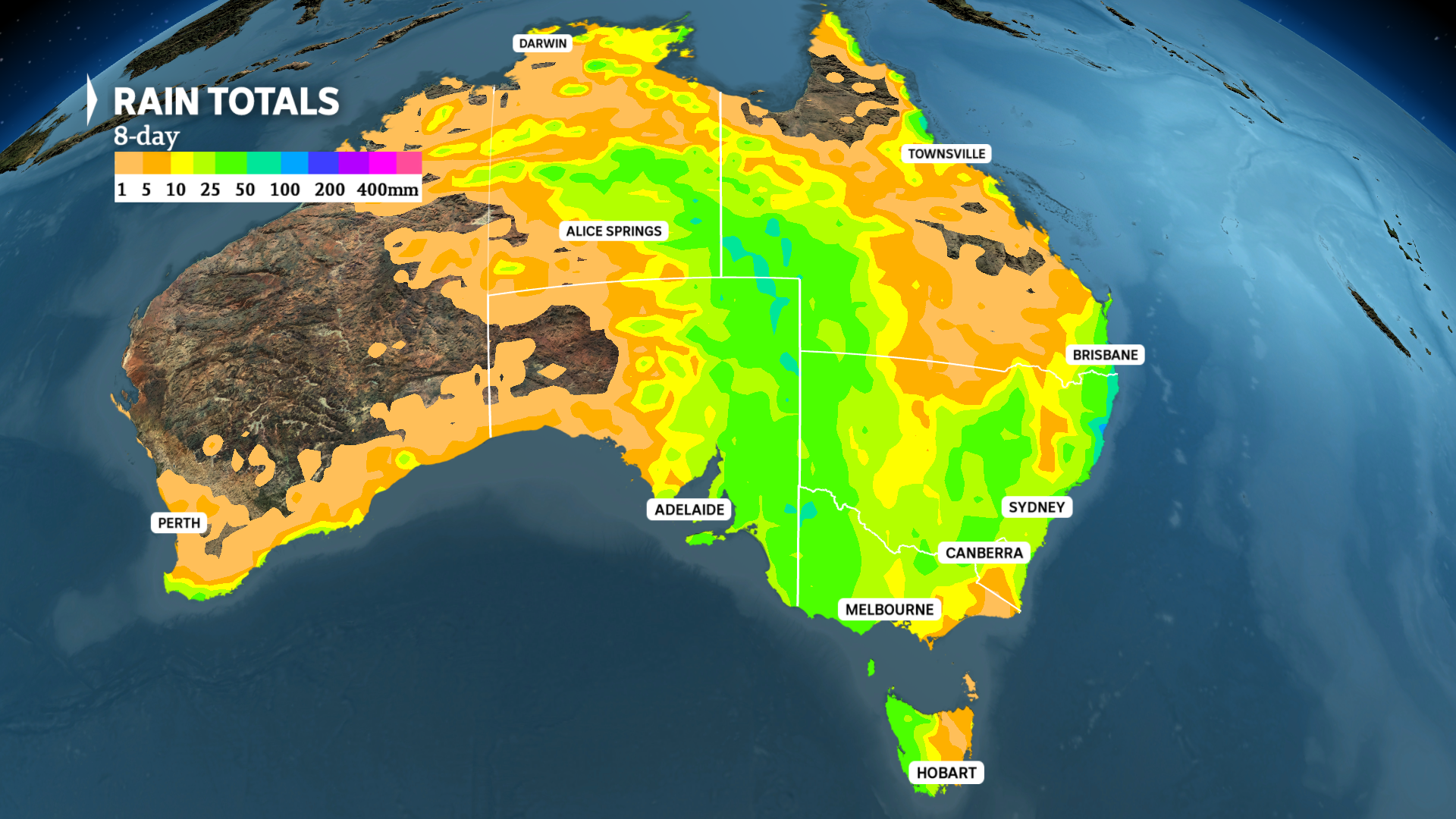 a weather map shows rain ranging from 10 to 30mm is ahead during the next 7 days