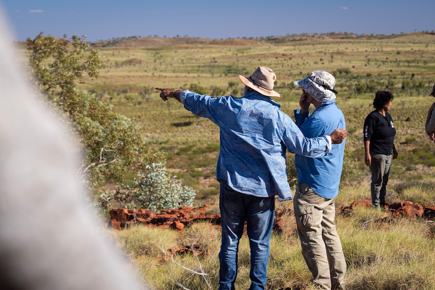Two men in hats survey rolling green outback bushland.