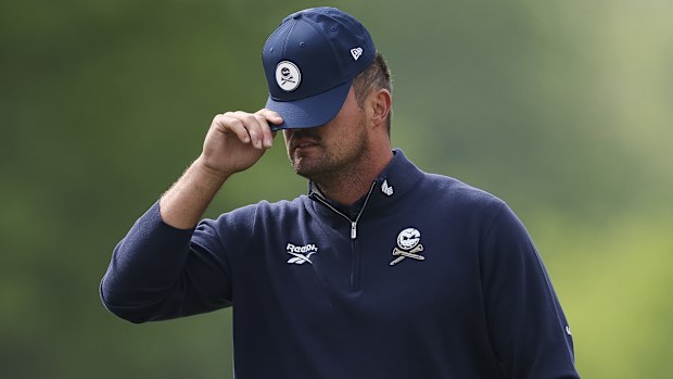 Bryson DeChambeau of the United States reacts after a putt on the 13th green during the first round of the PGA Championship at Aronimink Golf Club on May 14, 2026 in Newtown, Pennsylvania. (Photo by Richard Heathcote/Getty Images)