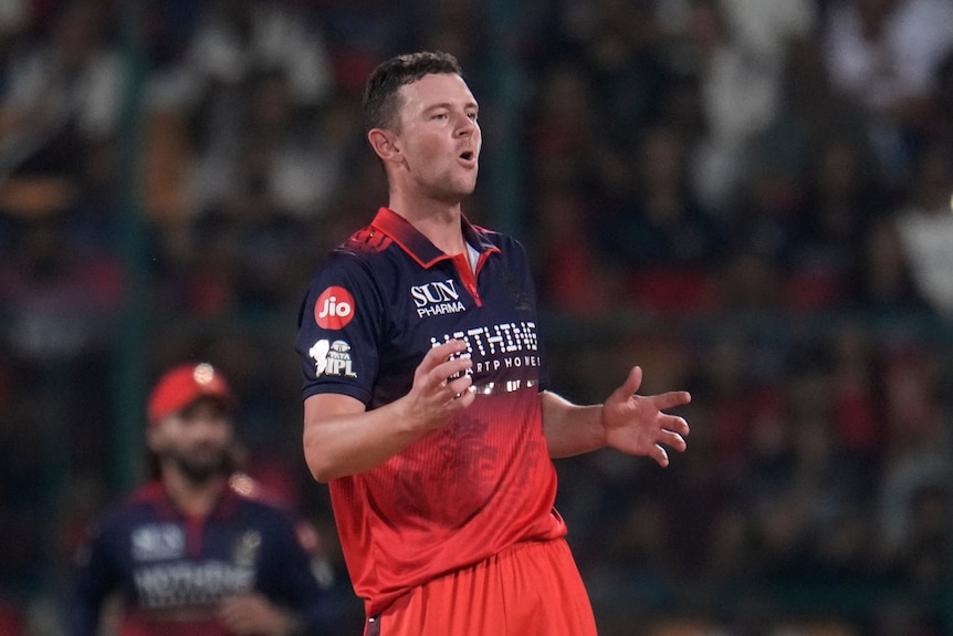 Fast bowler has an expression after narrowly missing out on a wicket
