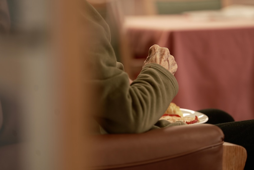 A close up of an elderly hand hovering over a plate of food.