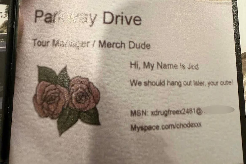 A business card that says: Parkway Drive, tour manager/merch dude, Hi, My name is Jed We should hang out later, you're cute'