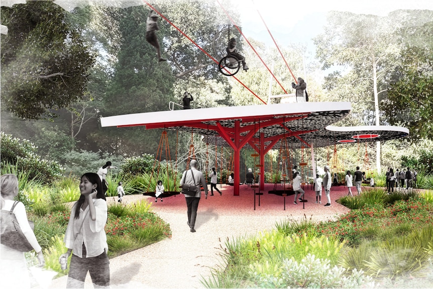 A graphic of a zipline with a person in a wheelchair using it