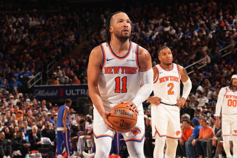 NEW YORK, NY - MAY 4: Jalen Brunson #11 of the New York Knicks shoots a free throw during the game against the Philadelphia 76ers during Round Two Game One on May 4, 2026 at Madison Square Garden in New York City, New York. NOTE TO USER: User expressly acknowledges and agrees that, by downloading and or using this photograph, User is consenting to the terms and conditions of the Getty Images License Agreement. Mandatory Copyright Notice: Copyright 2026 NBAE Jesse D. Garrabrant/NBAE via Getty Images/AFP (Photo by Jesse D. Garrabrant / NBAE / Getty Images / Getty Images via AFP)