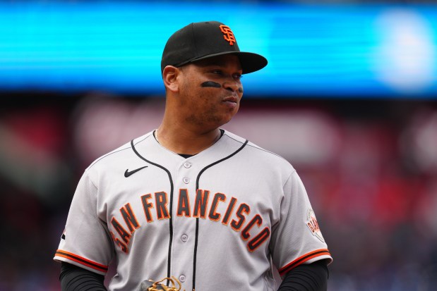 San Francisco Giants' Rafael Devers in action during the first baseball game of a doubleheader against the Philadelphia Phillies, Thursday, April 30, 2026, in Philadelphia. (AP Photo/Derik Hamilton)
