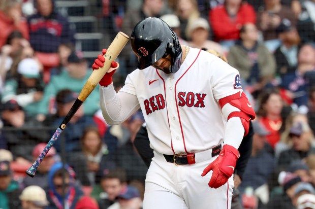 Boston Red Sox catcher Carlos Narváez reacts after striking out during the sixth inning of a baseball game against the Houston Astros on Sunday, May 3 in Boston. (AP Photo/Mark Stockwell)